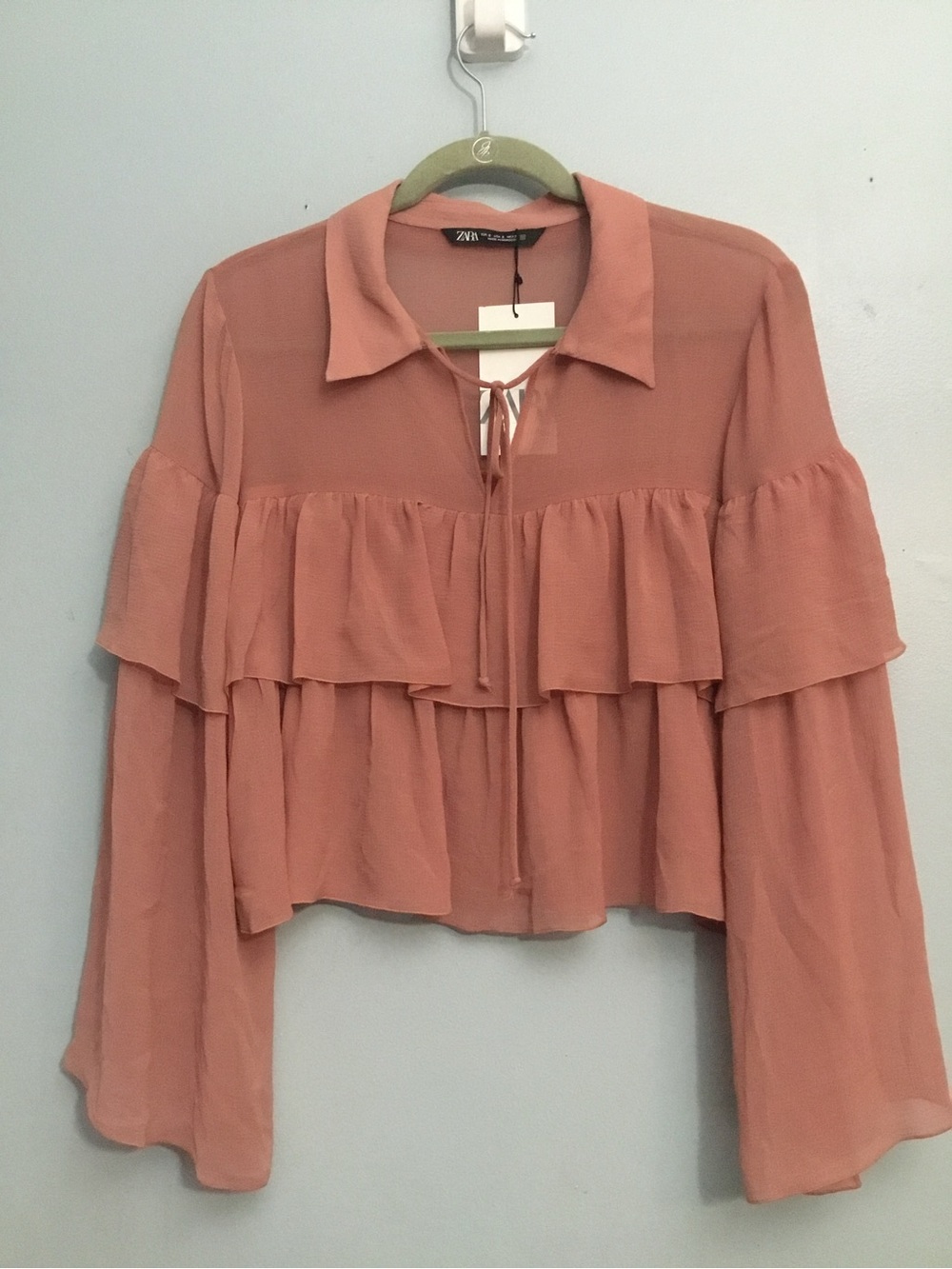 Zara Dusty Rose Ruffle Tie-Front Blouse Long Sleeve Flowy Size‎ S New